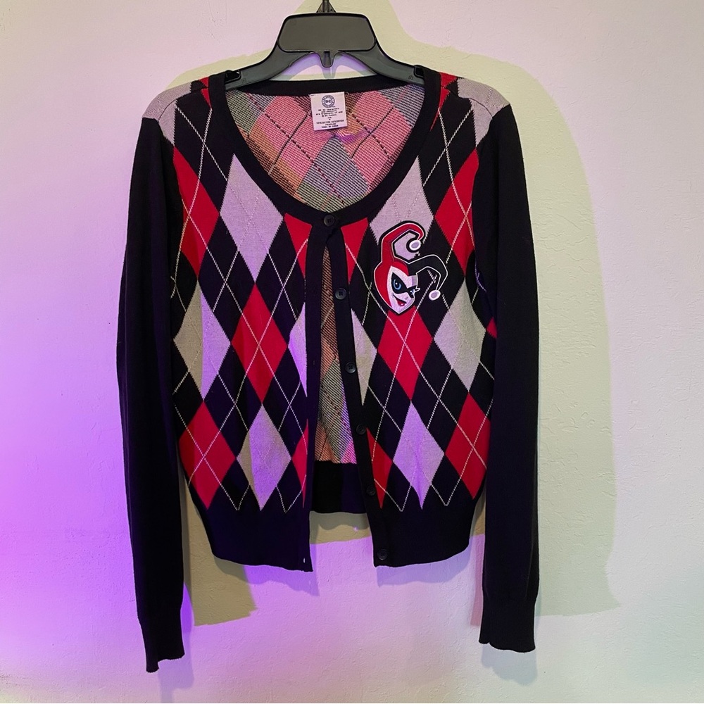 Harley Quinn argyle button up cardigan